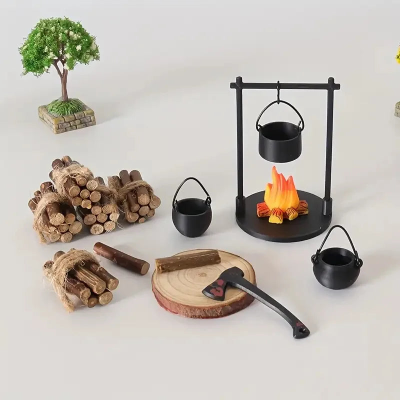 Mini Campfire Hanging Stove Pot Dollhouse Camping Picnic Firewood Pile Sand Table Micro Landscape Scene Decoration Ornament T