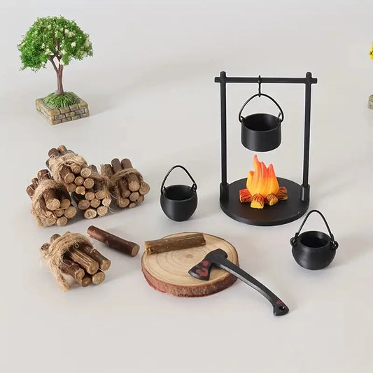 Mini Campfire Hanging Stove Pot Dollhouse Camping Picnic Firewood Pile Sand Table Micro Landscape Scene Decoration Ornament T