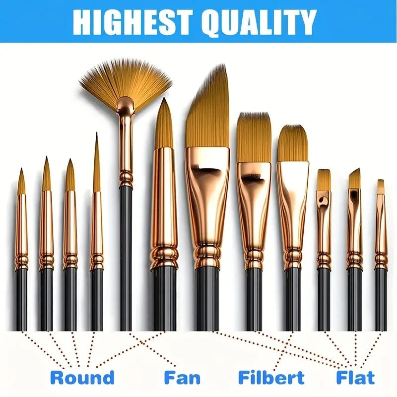 12pcs Nylon Bristle Brush Set Flat Brushes Watercolor Oil Paint For Artists Amateur And Acrylic Paintings Fabric Brushes