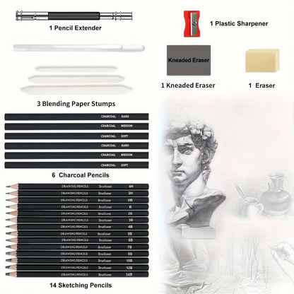Drawing Pencils Sketch Pencil Professional Sketching Art Graphite Charcoal Blending Stump Pencils kit (29 art supplies)