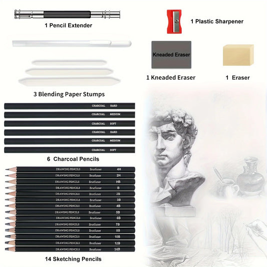 Drawing Pencils Sketch Pencil Professional Sketching Art Graphite Charcoal Blending Stump Pencils kit (29 art supplies)