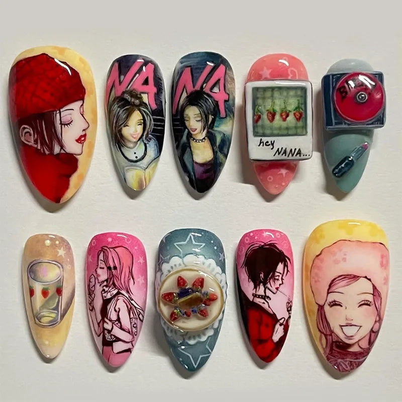 24pcs Long Almond Press on Nails Anime Pattern Full Cover Nail Tips Ornament for Girls Colorful False Nails Wearable Fake Nai