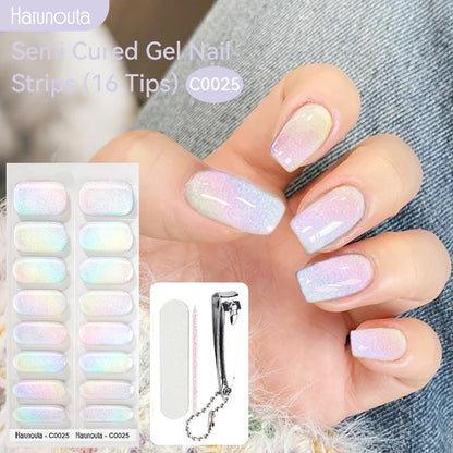 Harunouta 16strips Semi Cured Gel Nail Strips with Nail Clipper Set Self-Adhesive Glitter for Nails Work with UV/LED - Set 03