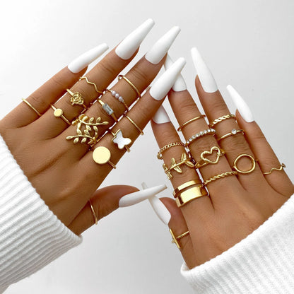58PCS Vintage Heart Snake Butterfly Rings Set for Women Fashion Metal Gold Plated Geometric Hollow Finger Ring Jewelry Gifts 