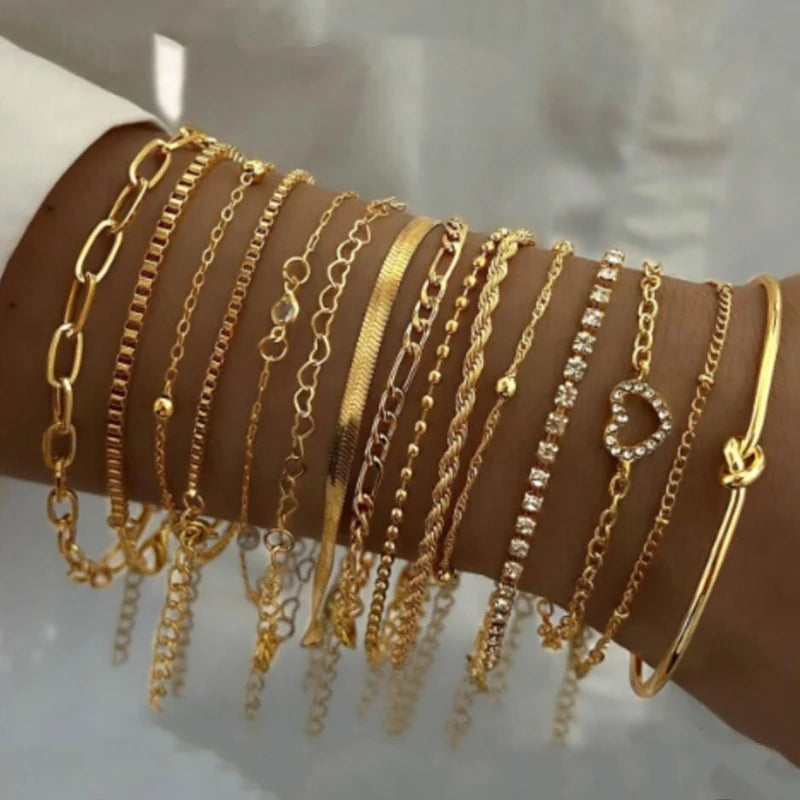 Fashion Elegant Heart Zircon Charm Bracelet Sets for Women Vintage Minimalist Multi-Element Twist Chain Metal Bracelets Jewel