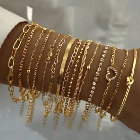 Fashion Elegant Heart Zircon Charm Bracelet Sets for Women Vintage Minimalist Multi-Element Twist Chain Metal Bracelets Jewel