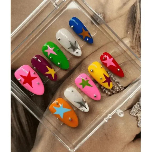10Pcs Handmade Nail Art, Almond Dopamine Color Nail Art, Hand-Painted Star Pattern Design, Daily Nail Art - M
