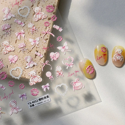 Sakura Pink Lip Print Rose Flower Butterfly Ice Cream Love Heart Bear Macaroon Balloon Candy Nail Art Stickers Manicure Decal