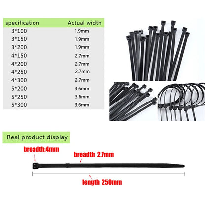 300pcs Three mode Self-Locking Plastic Nylon Wire Cable Zip Ties Black Cable Ties Fasten Loop Cable Various specifications