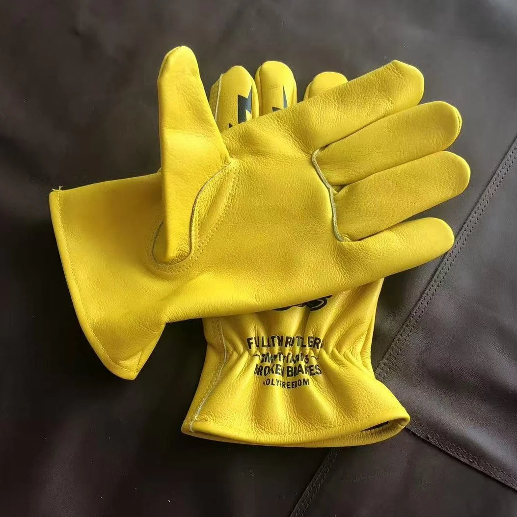 Vintage Skull Print Leather Motorcycle Gloves Multi-Purpose for Gardening Camping Riding Outdoor Use Cowhide Leather Work Glo