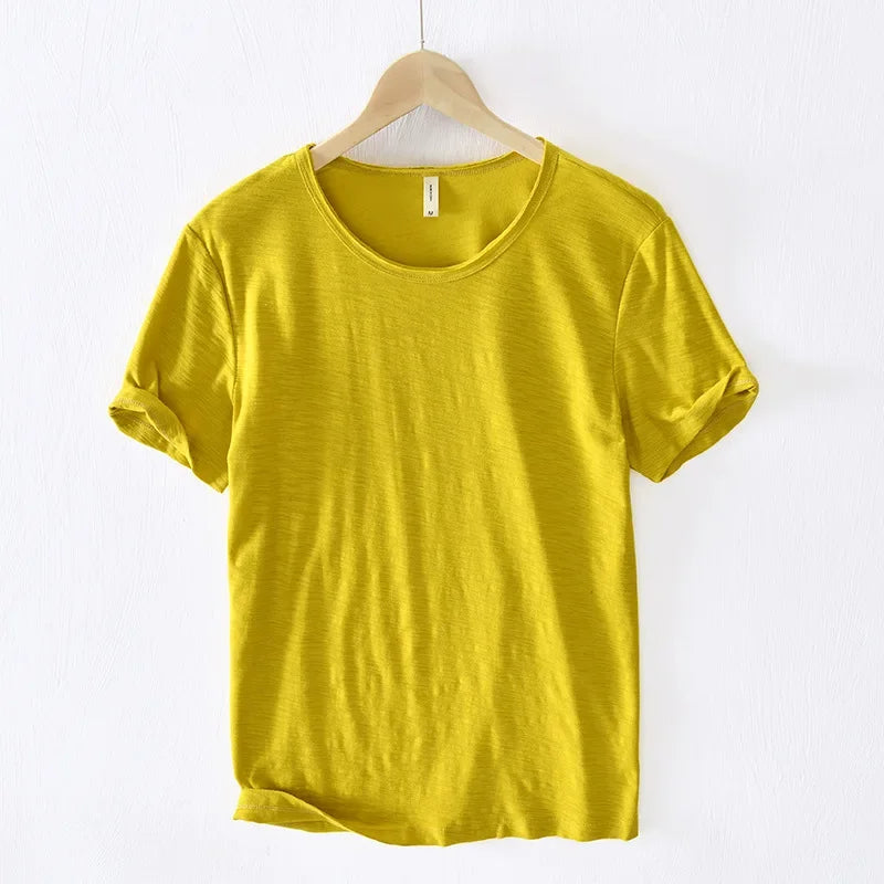 Retro Raw Edge T-Shirt for Men, 100% Cotton, Lightweight,Breathable,Slim-fit, Monochromatic, O-Neck, Casual Basic Top - YELLO