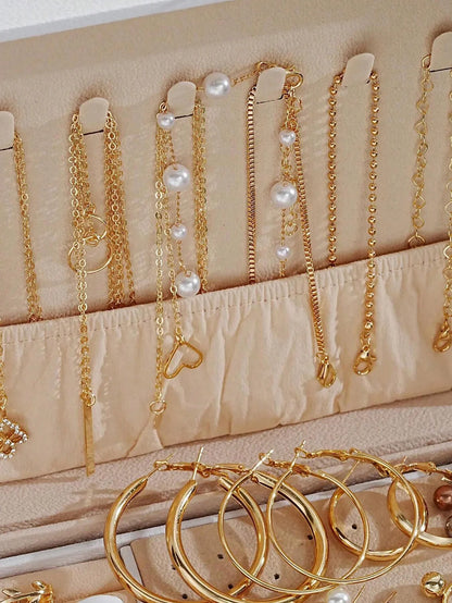 86pcs/Set Elegant Pearl Earrings Multi-Layered Necklace Ear Studs Rings 4-In-1 Jewelry Set For Women Daily Wear Gift (No Box)