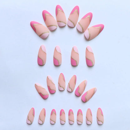 24PCS/ Almond Fake Nails Instantly Upgrade Your Look, Pink and White Set Off by Gold Lines, Simple and Generous, Suitable for