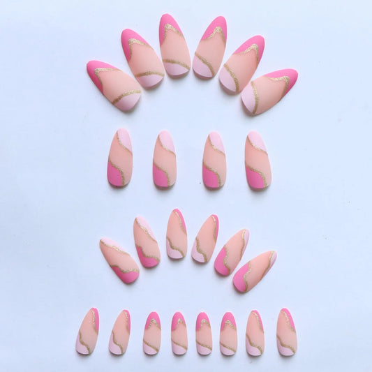 24PCS/ Almond Fake Nails Instantly Upgrade Your Look, Pink and White Set Off by Gold Lines, Simple and Generous, Suitable for