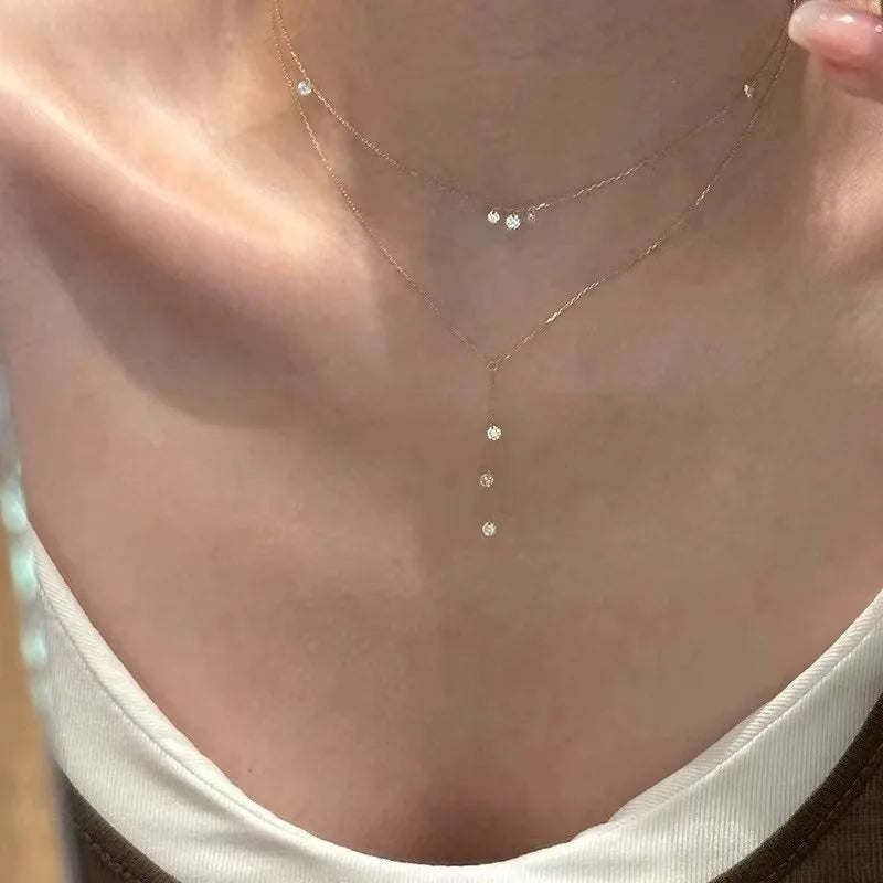 18K Gold Plated 925 Silver Lariat Necklace Tiny 3 CZ Y-Shaped Drop Pendant Thin Chain Necklace Ladies Elegant Daily Jewelry