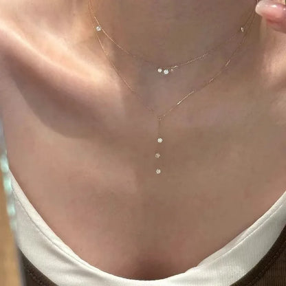 18K Gold Plated 925 Silver Lariat Necklace Tiny 3 CZ Y-Shaped Drop Pendant Thin Chain Necklace Ladies Elegant Daily Jewelry