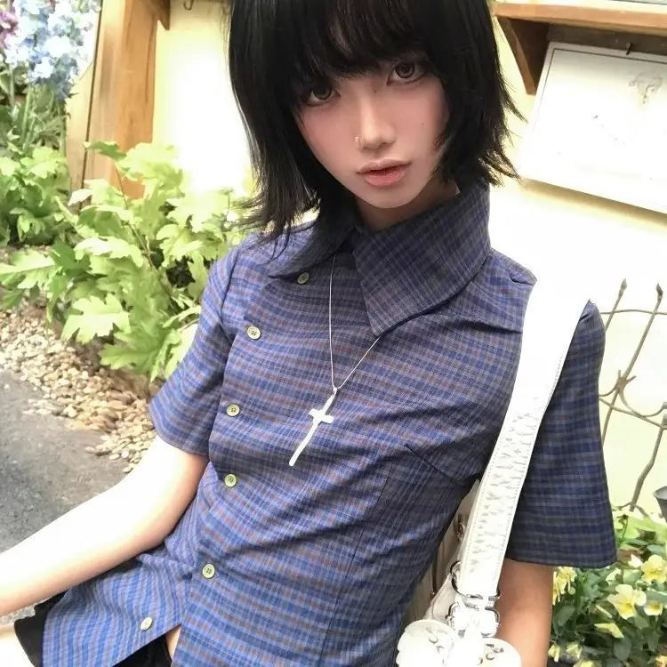 Genayooa Vintage Plaid Casual Shirt Women Short Sleeve Y2k Tops Japanese 2000s Summer Shirt Irregular American Retro 90s Tshi