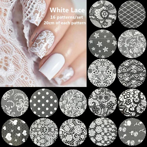 Black White Lace Rose Nails Foil Stickers Black Flowers Design Manicure Nail Art Transfer Paper Nails Art Decals - 16pcs  whi