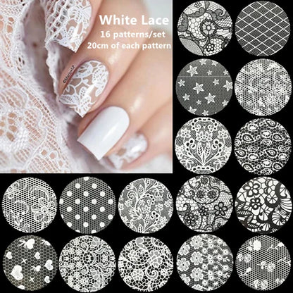 Black White Lace Rose Nails Foil Stickers Black Flowers Design Manicure Nail Art Transfer Paper Nails Art Decals - 16pcs  whi