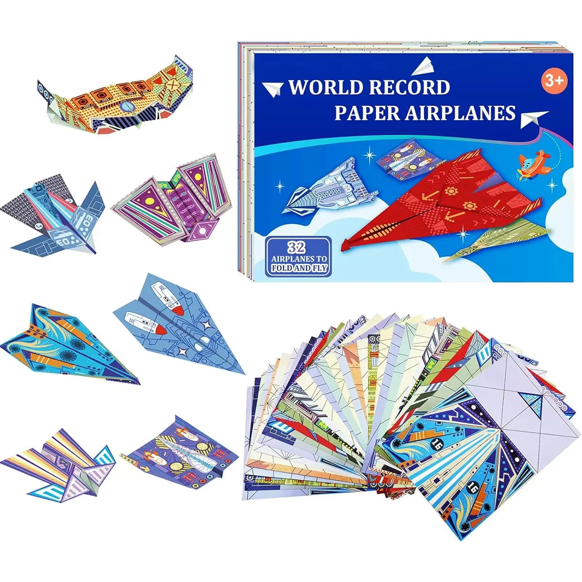 Origami Paper Airplane Kit 12/32 Sheets 16 Classic World Record Plane Designs Easy to Fold Creative Craft Activity for School