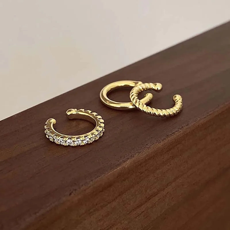 3Pcs/Set Fashion Gold Color Crystal Clip Earrings for Women Girls Minimalist Metal C-shaped Fake Piercing Ear Cuff Ear Jewelr