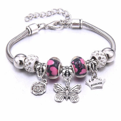 Pink Charm Bangle Lobster Buckle Snake Chain Beaded Bangles For Women Summer Romantic Gift Fashion Butterfly Bracelet Jewelry