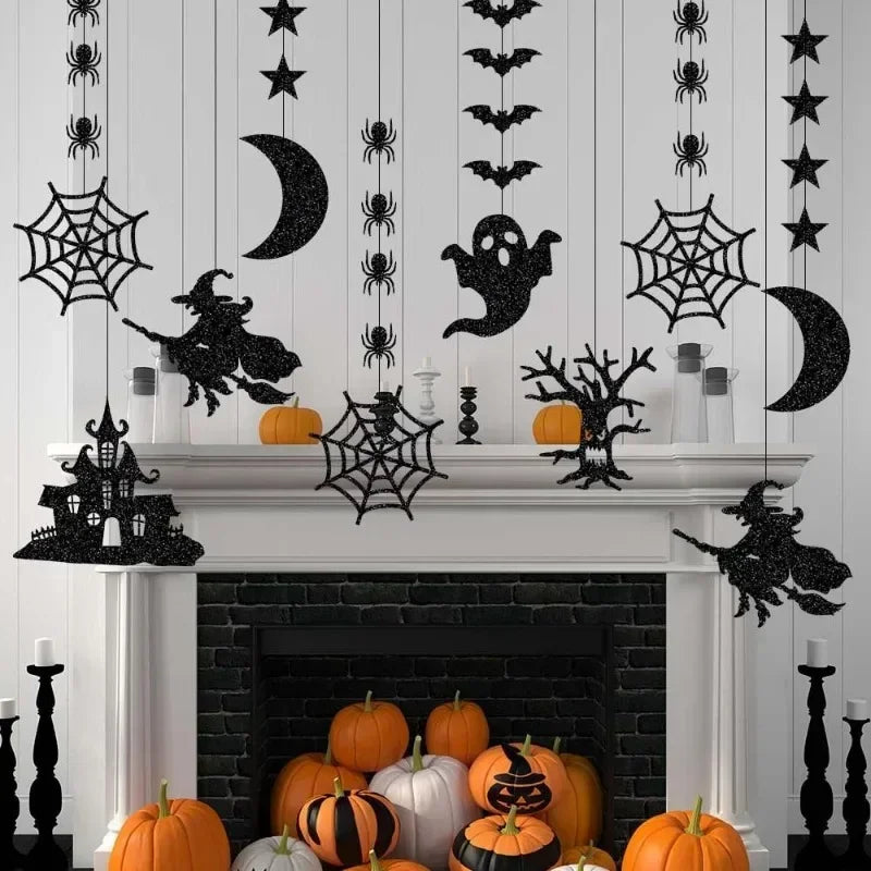6pcs Halloween Hanging Banner Garland Scary Spider Witch Ghost Bat Pendant Ornament Happy Halloween Party Decorations for Hom