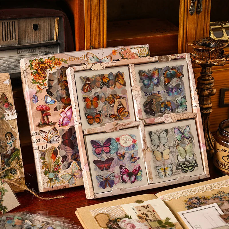 100pcs Large box Stickers Vintage Butterfly Flowers Plant Decorative Adhesive Diy Scrapbooking Material Junk Journal Supplies