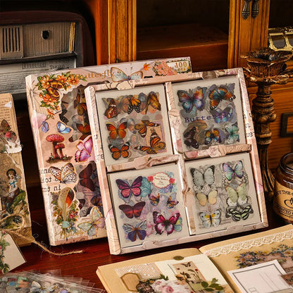 100pcs Large box Stickers Vintage Butterfly Flowers Plant Decorative Adhesive Diy Scrapbooking Material Junk Journal Supplies