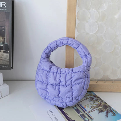 Fashion Mini Puffer Tote Bag Quilted Circle Phone Purse Elegant Purple Soft Nylon Padded Key Pouch Simple Trend Handbag - A9