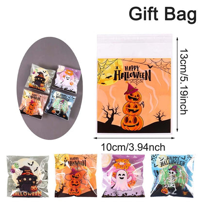 50/100Pcs Spooky Halloween Candy Bags Pumpkin Ghost Gift Cookie Self-Sealing Bags Halloween Party Decor Trick or Treat