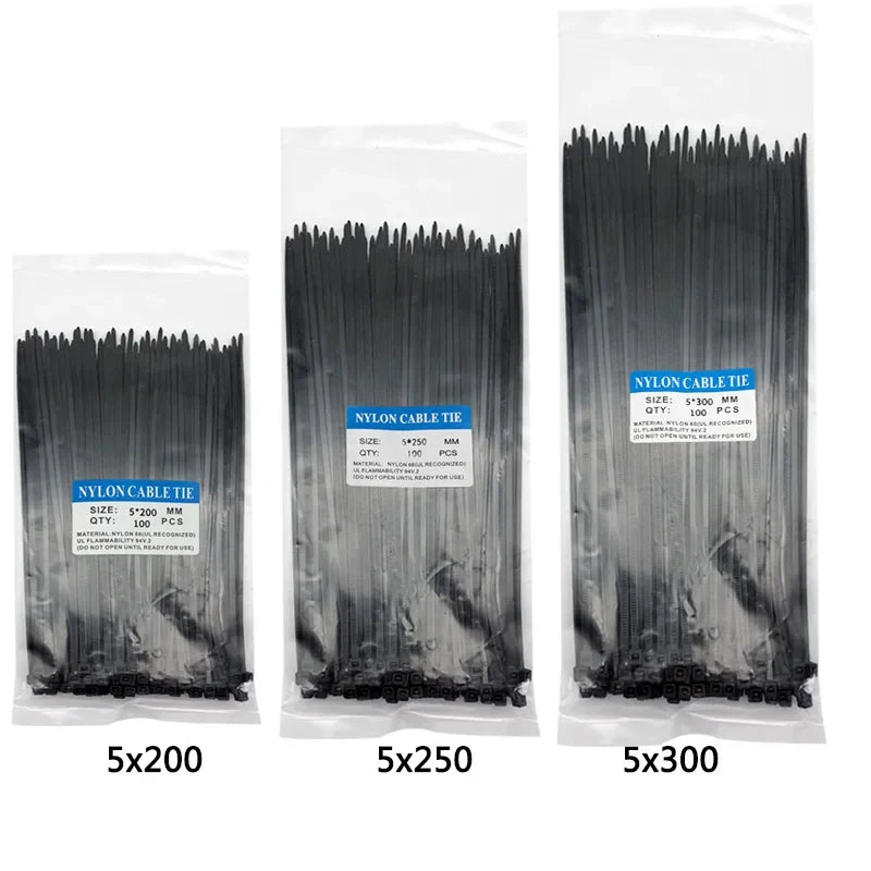 300pcs Three mode Self-Locking Plastic Nylon Wire Cable Zip Ties Black Cable Ties Fasten Loop Cable Various specifications - 