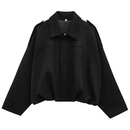 HXAO Women's Bomber Jacket Lapel Long Sleeve Zipper Suede Jacket Women 2025 High Street Cropped Racing Jackets Coats Outerwea
