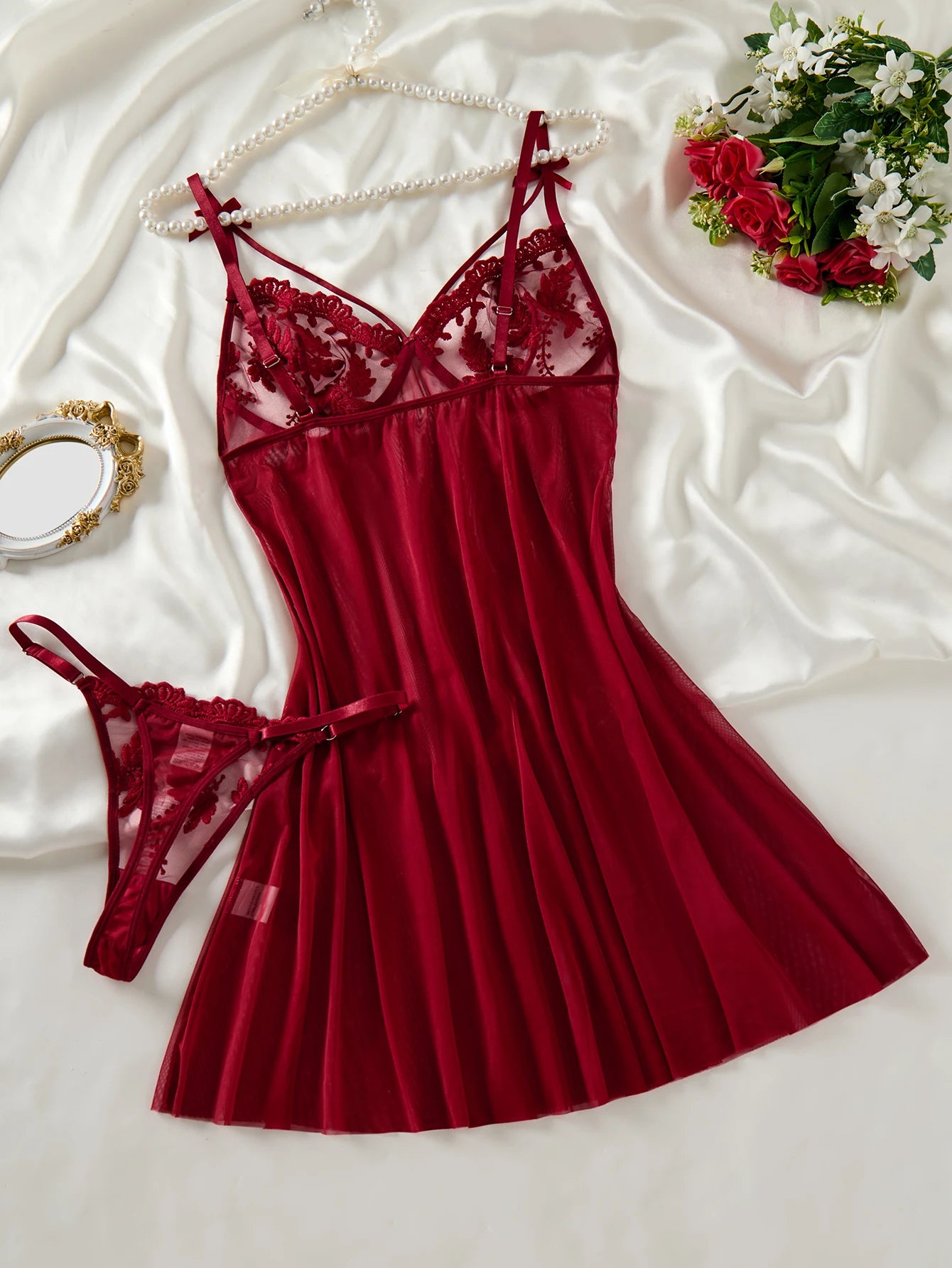 Wine Red Ladies' countryside style wheat ear embroidery semi transparent nightgown, elegant and comfortable, bow design ZA825