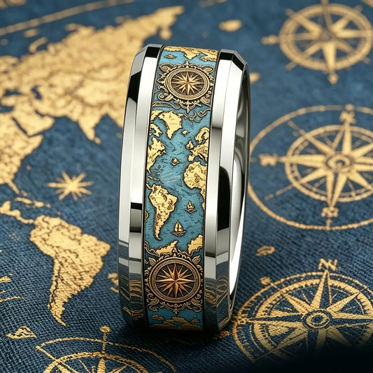 Vintage World Map Compass Ring Retro Ocean Theme Men Stainless Steel Ring High Polished Nautical Traveler Jewelry Gift for Hi