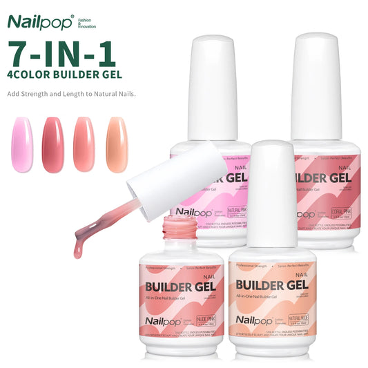 Nailpop 7IN1 Multi-Functional Builder Gel 4Colors Extension Strength Apex Building Base for Beginner Friendly Manicure 15ml