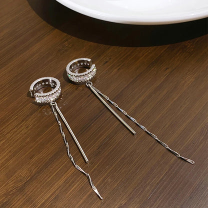 Silver Color Crystal Tassel Non-Piercing Cuff Ear Clip Earring For Women Shiny Rhinestone Chain Fake Cartilage Piercing Jewel