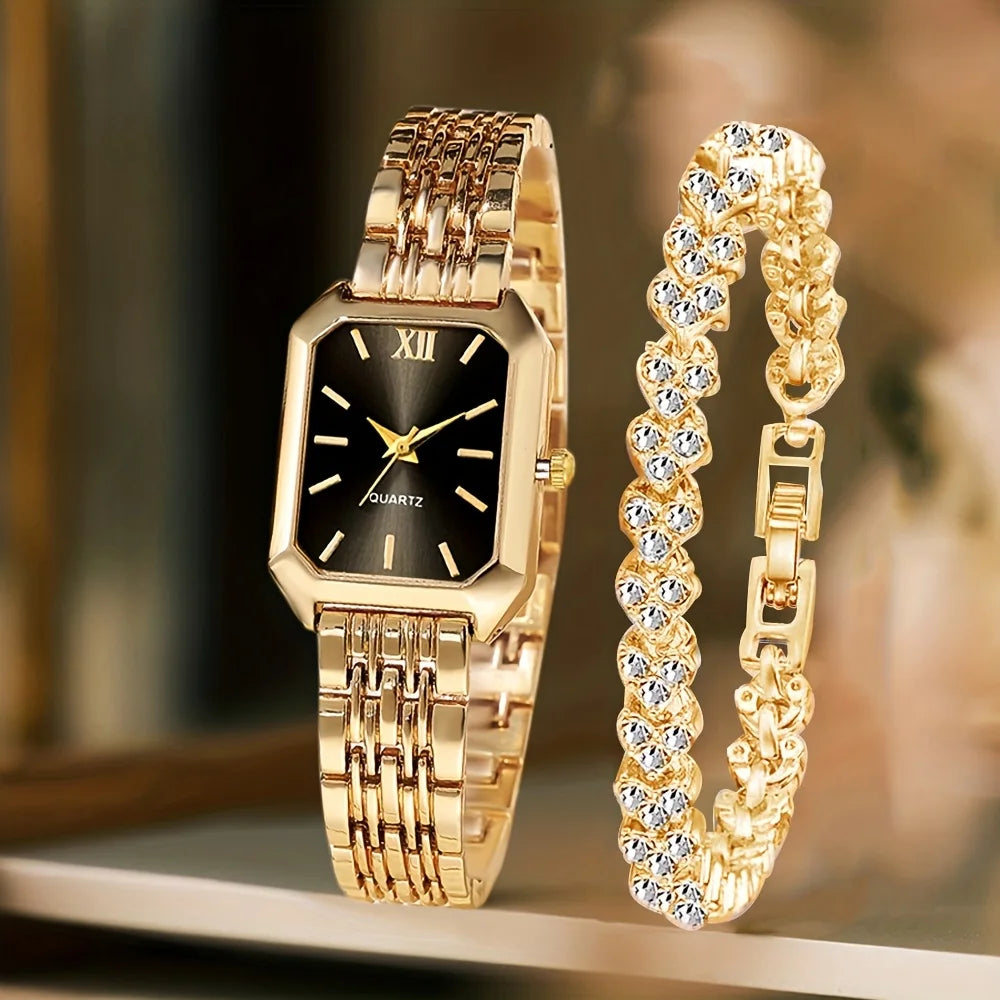 2PCS/Set Fashion Rectangle Women Quartz Watch Ladies Roma Dial Wristwatches Rhinestone Bracelet Set Reloj Mujer Girls Clock G