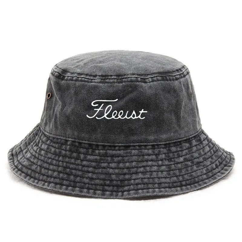 Vintage Washed Bucket Hat Fish Logo Sun Protection Outdoor Casual Hat for Men Women Bucket Hats - Black
