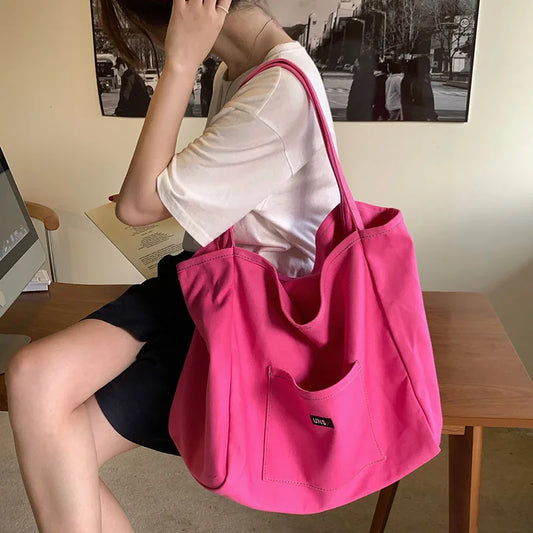Canvas Bag Reusable Shopping Shoulder Bag Women Simple Casual Daily Use Handbag Totes Female Portable Folding Purse
