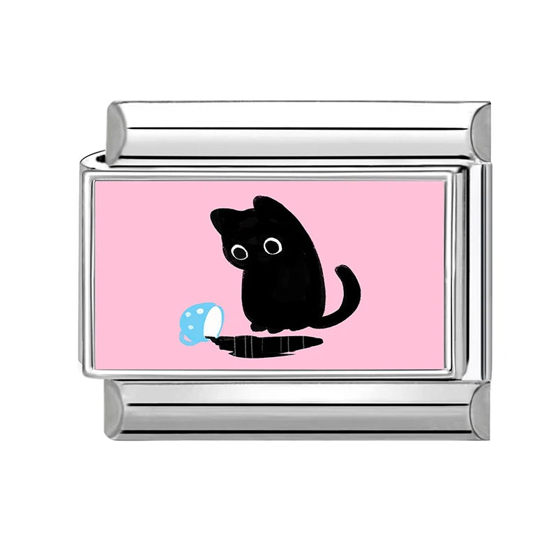 2026 New Women's Gift Cute Cat Looks at the cake Italian Charm Links Beads Fit 9mm Stainless Steel Modular Bracelet Jewelry G