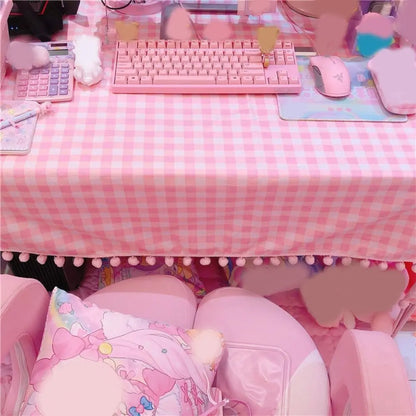 Cute Kawaii Girls Hot Pink Tablecloth Rectangular Cotton Wallpaper Mat Plaid Desk Cloth Room Decoration