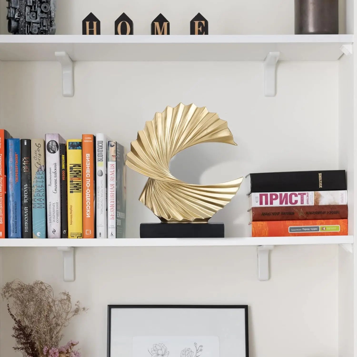 Modern Abstract Sculpture Art Deco Decor, Gold Ocean Wave Sculpture Large Home Decor Accents, Gold Statue for Men Office Hous