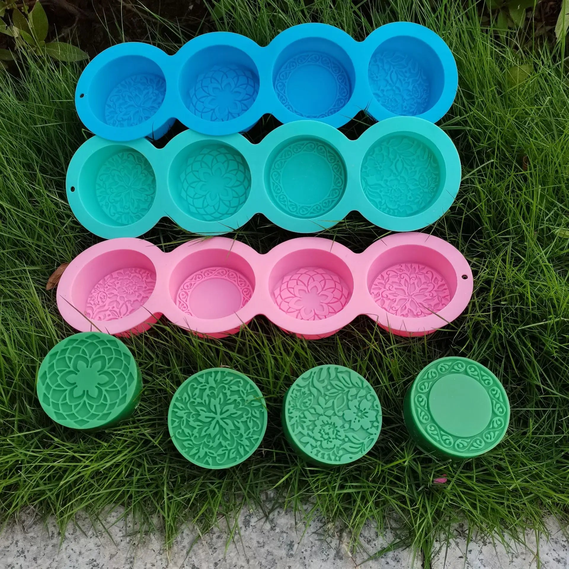Handmade Silicone Soap Molds 4 Types Embossing Mould DIY Circular Soap Craft Candy Chocolate Ice Cube Making Tools