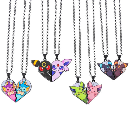 2-piece cute Eevee cartoon pendant necklace with heart patchwork, anime-style metal necklace