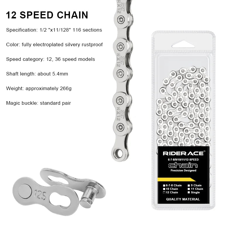 RIDERACE Bicycle Chain 116L 8 9 10 11 12 Speed Silver Ultralight Mountain Road Bike Chain For 24/27/30 Variable Speed Chain -