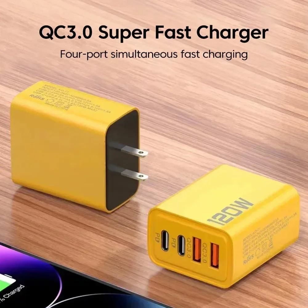 Quick Charge 3.0 Fast Charger Muti Total 120W 4 Port USB Type C PD Mobile Phone Wall Adapter for iPhone 16 Samsung S24 Xiaomi