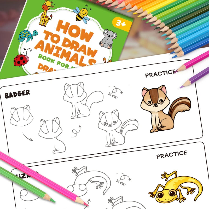 96 Animal Themes Interactive Activity Book on How To Draw Animals Four Simple Steps To Complete Drawing Coloring Toy Book