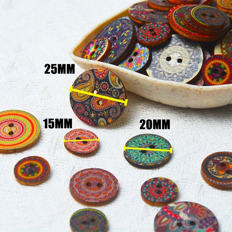 50pcs Retro Wooden Buttons 2 Holes Handwork Sewing Scrapbook Clothing Bosian Style Button DIY Crafts Accessories Decor - 25mm