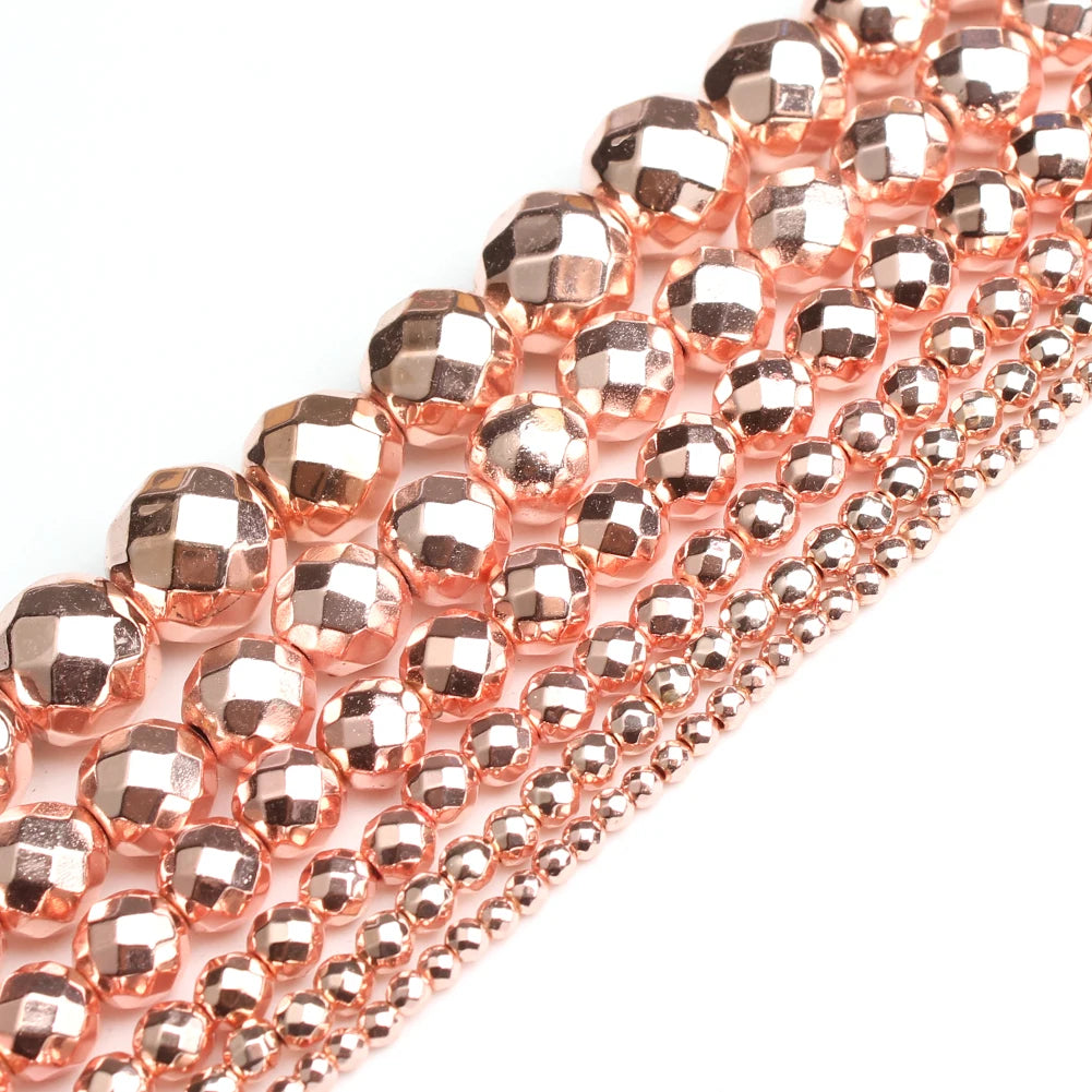 Natural Stones Rhodium Rose Gold Plated Hematite Round Loose Mineral Beads for Bracelet DIY Jewelry Making 15inch 2/3/4/6/8/1